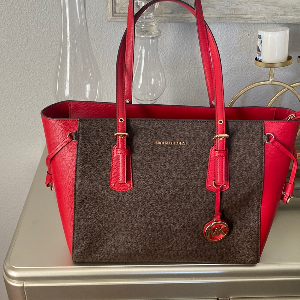 Red and brown Michael Kors tote